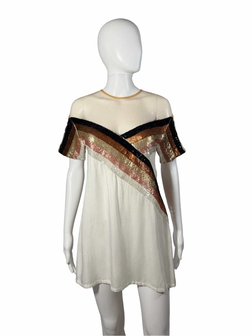 NBD Cream Mini Dress with Black, Gold, Rose & Bronze Sequin Chevron